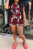 Red Fashion Casual Camouflage Print Ripped O Neck Short Sleeve Two Pieces