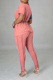 Rose Red Casual Solid Patchwork O Neck Short Sleeve Two Pieces