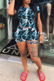 Red Fashion Casual Camouflage Print Ripped O Neck Short Sleeve Two Pieces