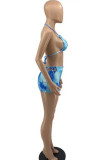 Pink Sexy Print Tie Dye Patchwork Frenulum Backless Halter Sleeveless Two Pieces
