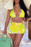 Pink Sexy Print Tie Dye Patchwork Frenulum Backless Halter Sleeveless Two Pieces