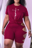Red Fashion Casual Print Hollowed Out O Neck Short Sleeve Two Pieces