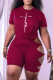 Burgundy Fashion Casual Print Hollowed Out O Neck Short Sleeve Two Pieces
