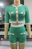 Green Casual Solid Patchwork Buckle O Neck Short Sleeve Two Pieces