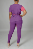 Rose Red Casual Solid Patchwork O Neck Short Sleeve Two Pieces