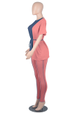 Rose Red Casual Solid Patchwork O Neck Short Sleeve Two Pieces