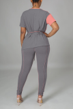 Rose Red Casual Solid Patchwork O Neck Short Sleeve Two Pieces