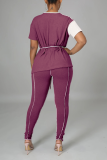 Rose Red Casual Solid Patchwork O Neck Short Sleeve Two Pieces