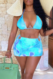 Pink Sexy Print Tie Dye Patchwork Frenulum Backless Halter Sleeveless Two Pieces