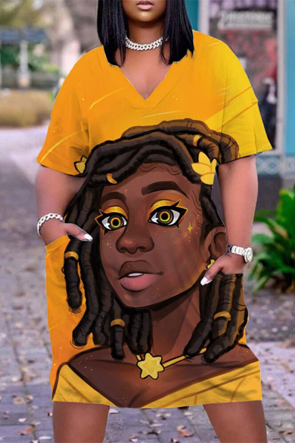 Orange Yellow Fashion Casual Print Basic V Neck Short Sleeve Dress