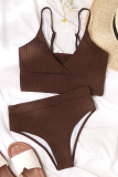 Brown Casual Vacation Solid Patchwork Swimwears