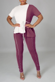 Rose Red Casual Solid Patchwork O Neck Short Sleeve Two Pieces