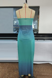 Green Sexy Gradual Change Print Hollowed Out Patchwork Slit Strapless Sleeveless Two Pieces