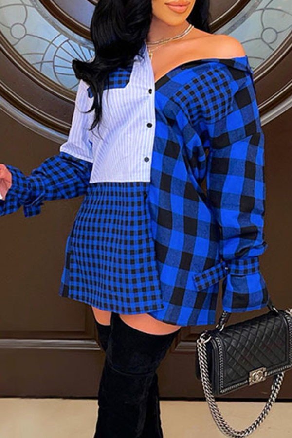 Blue Casual Plaid Patchwork Cardigan Collar Tops