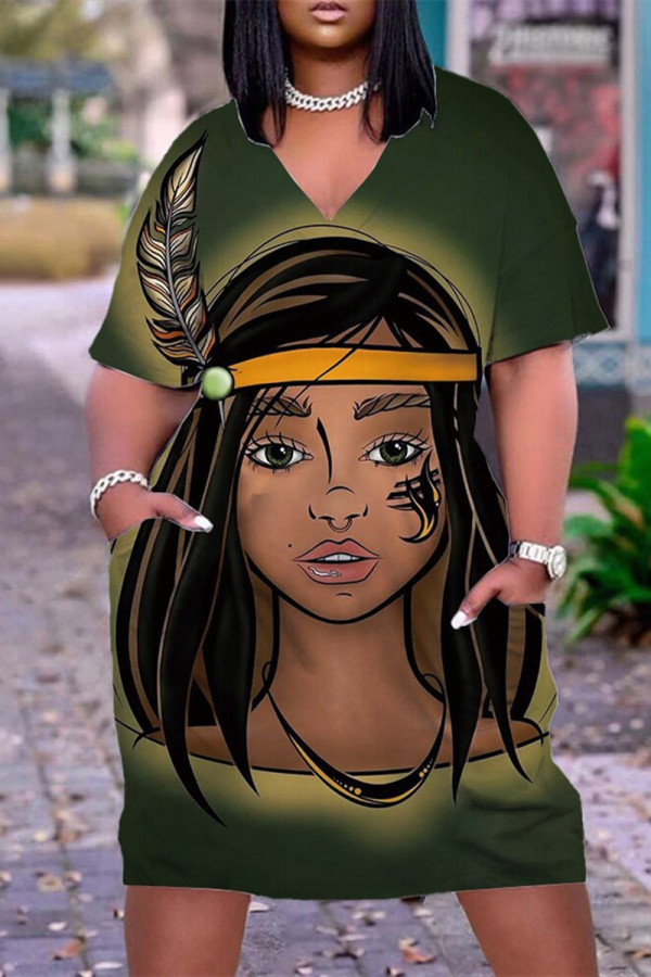 Dark Green Fashion Casual Print Basic V Neck Short Sleeve Dress