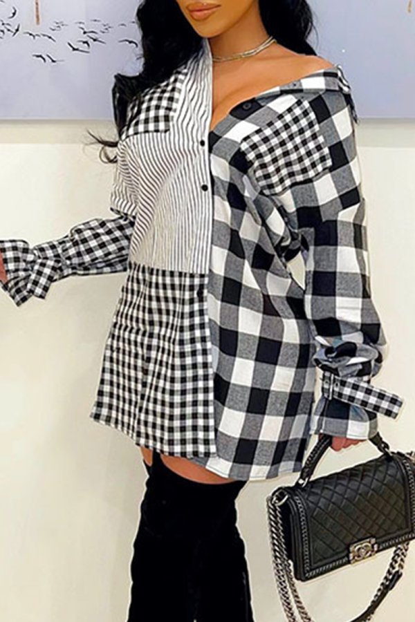 Grey Casual Plaid Patchwork Cardigan Collar Tops