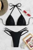 Black Sexy Solid Patchwork Swimwears
