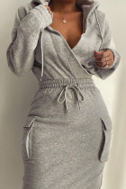 Grey Casual Solid Split Joint Hooded Collar One Step Skirt Dresses