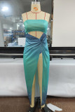 Green Sexy Gradual Change Print Hollowed Out Patchwork Slit Strapless Sleeveless Two Pieces