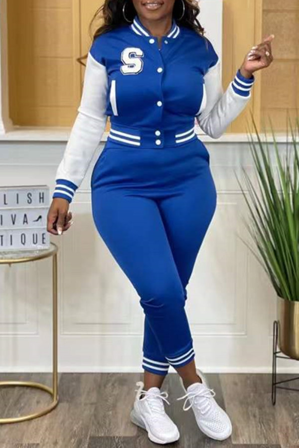 Blue Fashion Casual Letter Embroidery Patchwork O Neck Long Sleeve Two Pieces