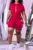 Red Fashion Casual Print Hollowed Out O Neck Short Sleeve Two Pieces