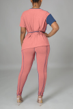 Rose Red Casual Solid Patchwork O Neck Short Sleeve Two Pieces