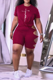 Red Fashion Casual Print Hollowed Out O Neck Short Sleeve Two Pieces