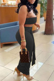 Rose Red Sexy Solid Bandage Patchwork Strapless Sleeveless Two Pieces