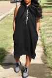 Blue Fashion Casual Print Basic Hooded Collar Sleeveless Dress