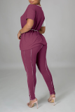 Rose Red Casual Solid Patchwork O Neck Short Sleeve Two Pieces