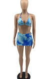 Pink Sexy Print Tie Dye Patchwork Frenulum Backless Halter Sleeveless Two Pieces