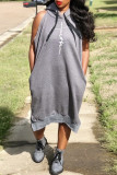 Blue Fashion Casual Print Basic Hooded Collar Sleeveless Dress