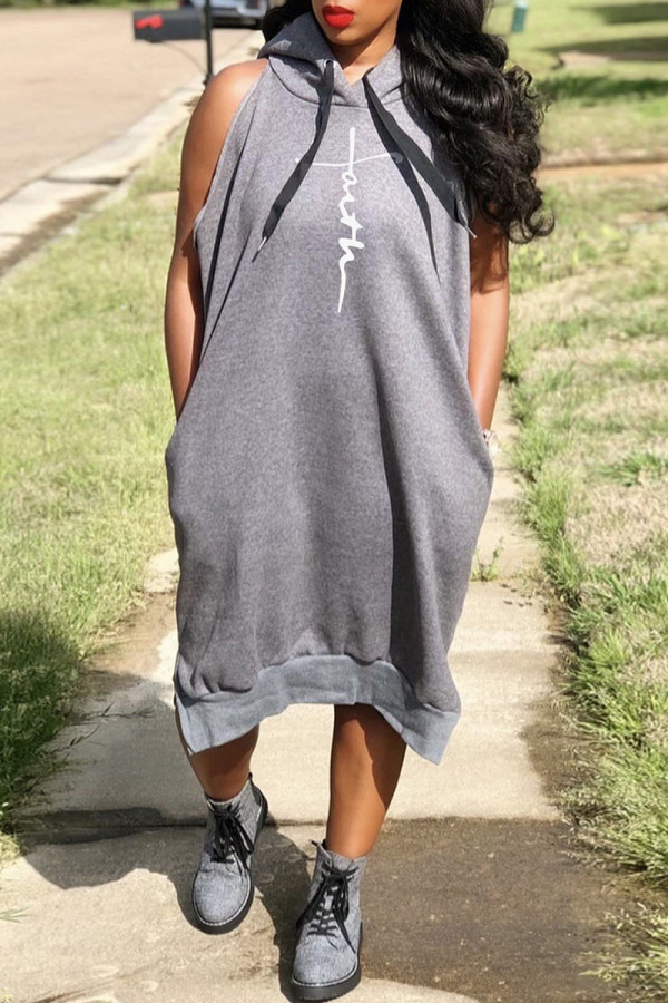 Grey Fashion Casual Print Basic Hooded Collar Sleeveless Dress