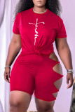 Red Fashion Casual Print Hollowed Out O Neck Short Sleeve Two Pieces