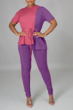 Rose Red Casual Solid Patchwork O Neck Short Sleeve Two Pieces