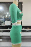 Green Casual Solid Patchwork Buckle O Neck Short Sleeve Two Pieces