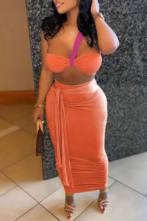 Tangerine Red Sexy Solid Bandage Patchwork Strapless Sleeveless Two Pieces