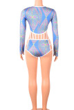 Blue Sexy Print Hollowed Out Split Joint O Neck Swimwear