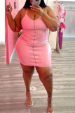 Pink Sexy Solid Split Joint Zipper Spaghetti Strap Sling Dress Plus Size Dresses