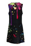 White Fashion Casual Print Basic V Neck Sleeveless Dress