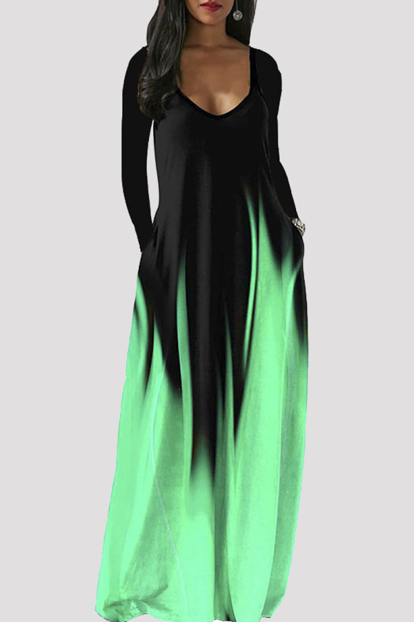 Green Fashion Casual Print Basic V Neck Long Sleeve Dresses