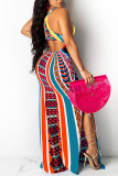Orange Vintage Print Patchwork Spaghetti Strap Sling Dress Dresses