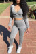 Grey Fashion Casual Solid Fold V Neck Long Sleeve Two Pieces