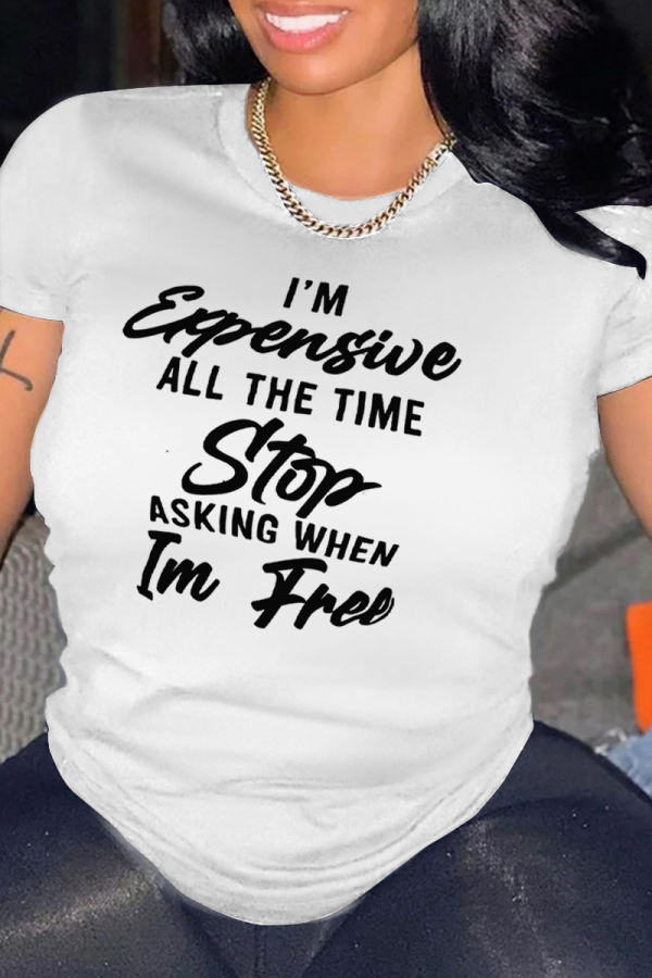 White Casual Letter Print Basic O Neck Tops