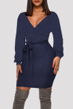 Deep Blue Fashion Casual Solid Bandage V Neck Long Sleeve Dresses
