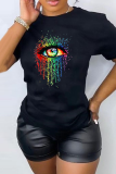 Black Fashion Street Eyes Printed Patchwork O Neck T-Shirts