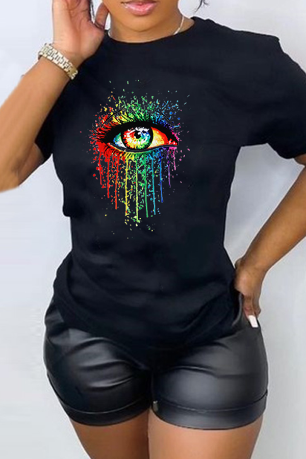 Black Fashion Street Eyes Printed Patchwork O Neck T-Shirts