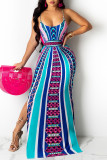 Orange Vintage Print Patchwork Spaghetti Strap Sling Dress Dresses