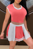 Pale Red Fashion Casual Solid Patchwork O Neck Short Sleeve Two Pieces