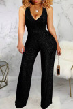 Grey Fashion Casual Solid Basic V Neck Regular Jumpsuits